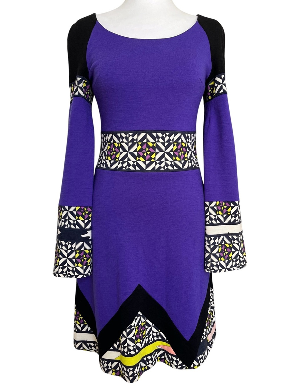 Vintage Vtg Emilio Pucci Wool Printed Long Bell Sleeve Mini Dress Purple 40 6